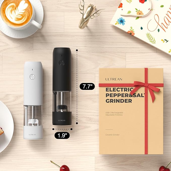 Ultrean Pepper Grinder, Rechargeable Salt and Pepper Grinder with 6 Adjustable Coarseness, LED Light, One-Hand Automatic Operation, Black&White