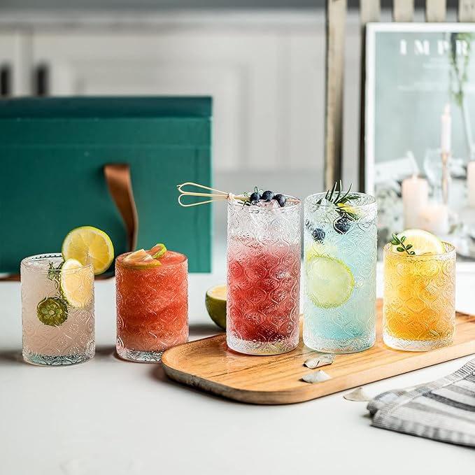 Glass Cups Vintage Glassware Set of 4, Drinking Glasses 12.5oz, Embossed Pattern Style Transparent Cocktail Glasses Set, for Ice Coffee,Juice,Beer,Bar Beverages,Drinkware, Transparent (L)