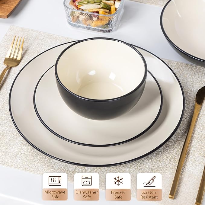 Plates and Bowls Sets for 4 - CJDC-QUELO 12-Piece Stoneware Dinnerware Sets, Ceramic Dishware Set for Indoor Kitchen Use and Formal Dining, Chip and Scratch Resistant Microwave Dishwasher Safe, Ivory
