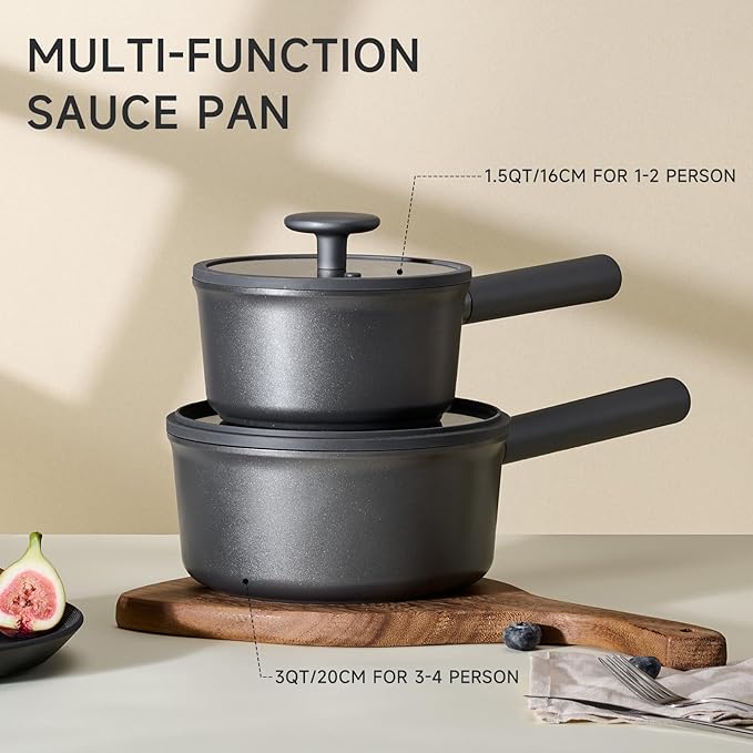 JEETEE Titanium Sauce Pan with Lid, 3 QT Non Stick Cooking Pots, Oven & Dishwasher Safe, Ideal for Sauces Soups and Heating Milk, PFOA/PFAS Free (Gray)