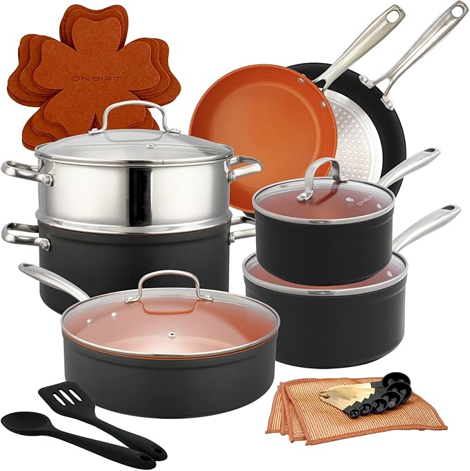 24 Pcs Pots and Pans Set Nonstick, Ceramic Cookware Sets, Kitchen Cookware Sets without PFAS, PTFE or PFOA, Compatible with All Stovetops, Oven Safe,Copper