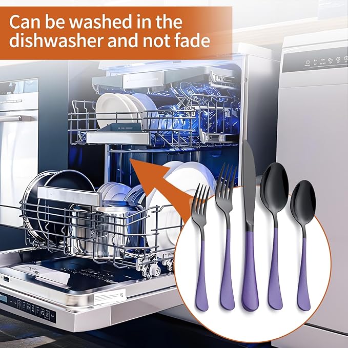 20 Piece Black and Purple 18/0 Flatware Utensil Set for 4, Include Dinner Knife,Dinner Forks,Dinner Spoons,Salad Forks,Teaspoons,Silverware Set for 4, Dishwasher Safe