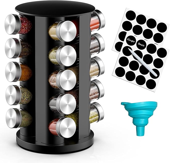 Rotating Spice Rack Organizer for Cabinet, Spice Racks Storage with 20 Jars, Spinning Spice rack for Kitchen Countertop, Spice Holder,Seasoing Storage Racks,Black