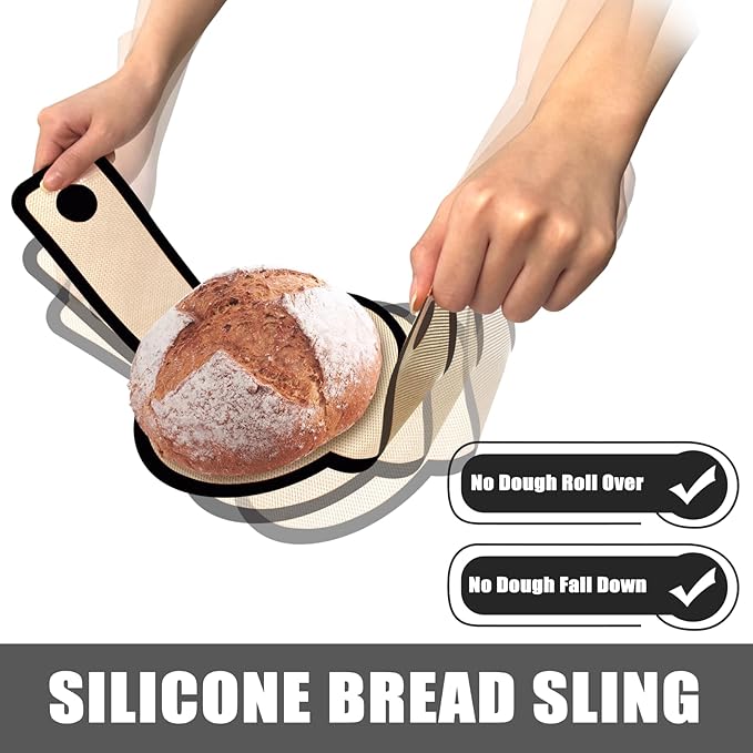 Silicone Bread Sling for Dutch Oven, Non-Stick & Easy to Clean Bread Baking Mat Set, 2 Pcs Reusable Bread Sling with Long Handle to Transfer Sourdough (Black, 2PCS Round)