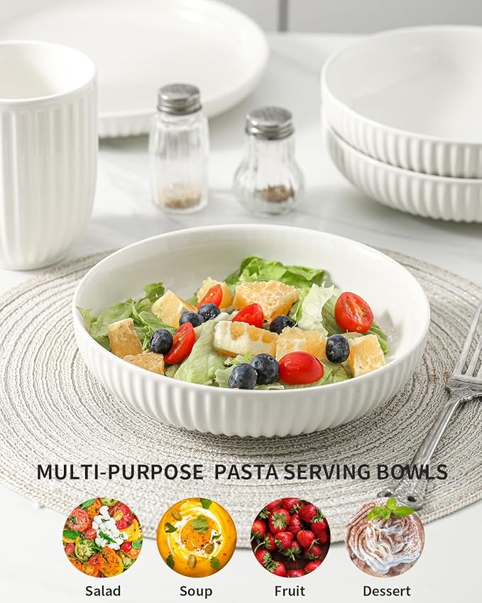Hasense 8 Inch Pasta Bowls, 30 oz Ceramic Dinner Bowls Set of 4, Bowl Plates for Kitchen, Salad, Large Serving Bowl for Wedding & Housewarming Gift, Modern Bowls Microwave & Dishwasher Safe, White