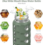 MUKOKO 24oz Glass Water Bottle with 2 Lids-Handle Flip Lid&Bamboo Straw Lid,Motivational Water Tumbler with Time Marker Reminder and Silicone Sleeve, Leakproof-Olive