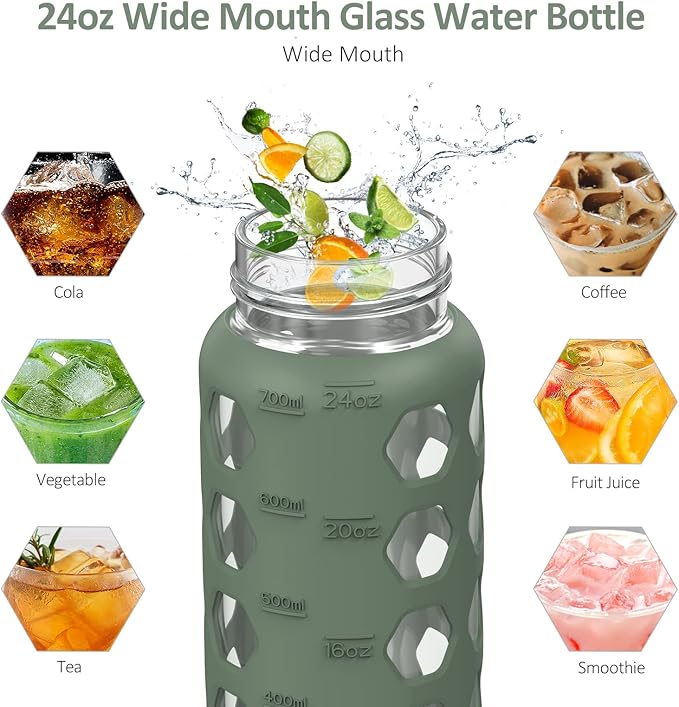 MUKOKO 24oz Glass Water Bottle with 2 Lids-Handle Flip Lid&Bamboo Straw Lid,Motivational Water Tumbler with Time Marker Reminder and Silicone Sleeve, Leakproof-Olive