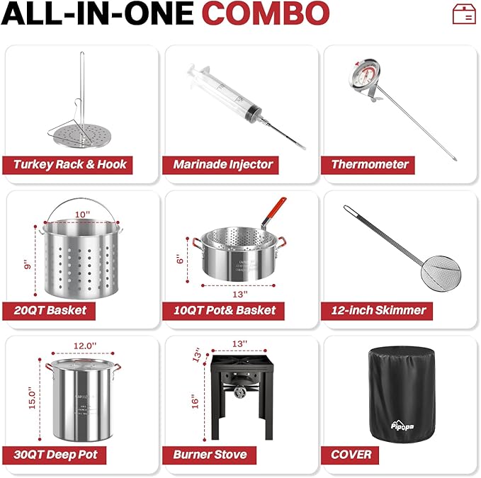 30QT & 10QT Outdoor Fryer | Turkey Fryer | Seafood Boil Pot | Cover & Skimmer Included | 50,000BTU Propane Burner | Aluminum Deep Fryer Pot with Basket | Crab, Seafood & Crawfish Boiler