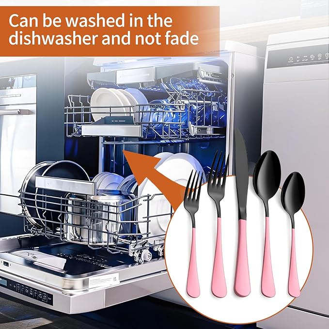 20 Piece Black Pink 18/0 Flatware Utensil Set for 4, Include Dinner Knife,Dinner Forks,Dinner Spoons,Salad Forks,Teaspoons,Silverware Set for 4, Dishwasher Safe