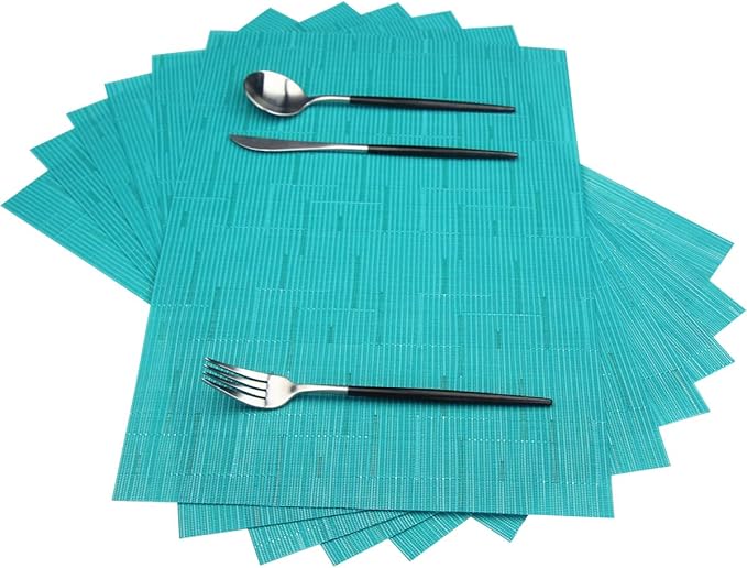 PIGCHCY Placemats,Washable Durable Vinyl Woven Table Mats,Elegant Heat Resistant Placemats for Dining Table Set of 6 (18 x 12 inches, Turquoise)