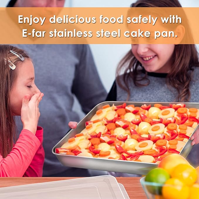 E-far Toaster Oven Baking Pan with Lid, 10.4”x 8”x 2” Stainless Steel Rectangle Sheet Cake Pans with Covers, Small Bakeware for Cakes Brownies Casseroles, Non-toxic & Dishwasher Safe -Set of 2