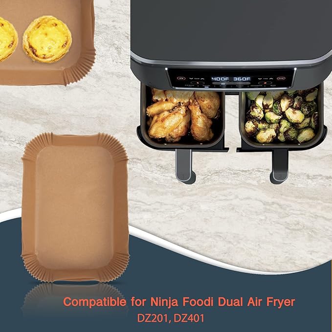 [3-Size] Air Fryer Disposable Paper Liner Compatible with Ninja Foodi Dual Air Fryer Toaster Oven, Non-stick Air Fryer Parchment Paper Baking Accessories (100Pcs - 8.7 Inch Rectangle, Natural)