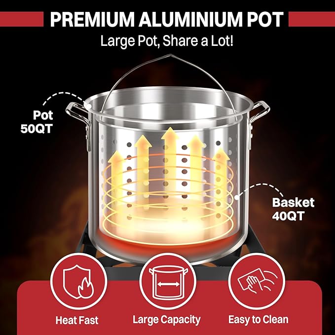 50QT Crawfish Boiler | Seafood Boiling Kit | Dustproof Cover & 12" Skimmer Included | 110,000BTU Propane Jet Burner | 0-20 PSI CSA Certified Regulator | Crab Boil Pot for Outdoor Backyard Cooking