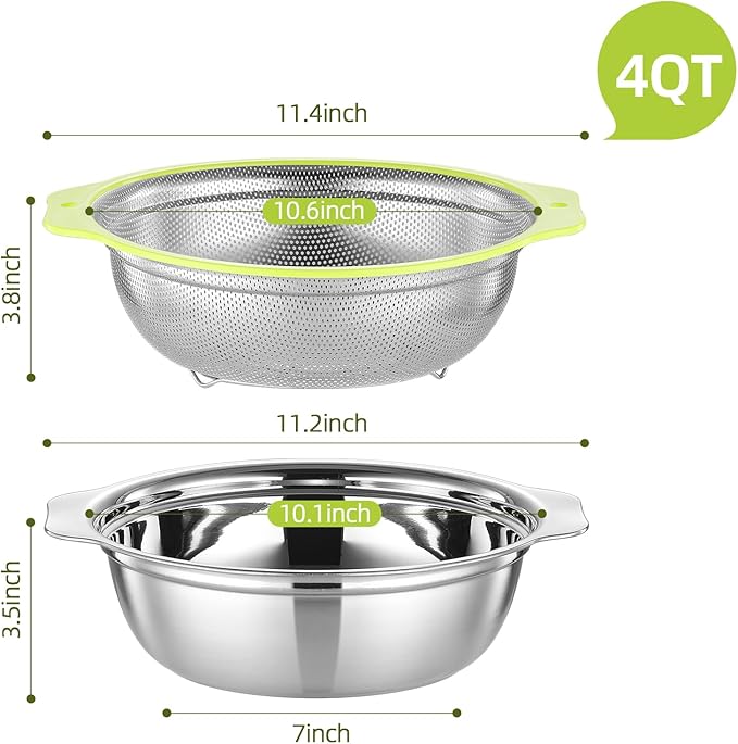 Colander Stainless Steel Microporous, 4QT Large Capacity Rice Strainer with Mixing Bowl, Rice Washing Bowl Set with Handle, Food-Grade Strainers and Colanders for Kitchen, Dishwasher Safe