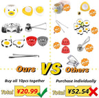 10-in-1 Egg Tool Set:1 Chalaza Remover Tongs,2 Piercers,2 Fry Rings,2 Brush Cleaners,1 Shell Opener,1 Egg Separator,1 Egg Slicer -All Essential Egg Prep Gadgets for Perfect Cooking