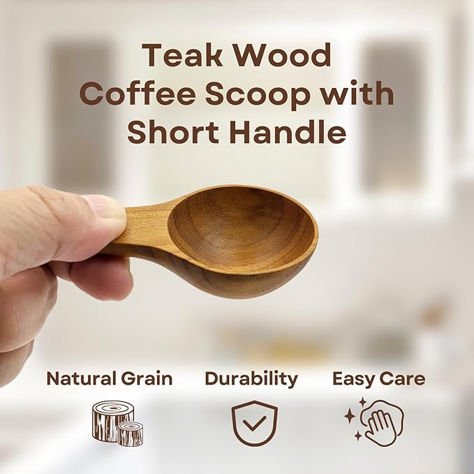 2 Pieces Small Wooden Spoon, Short Handle Teak Wood Scoops for Coffee Beans Tea Salt Sugar for Spice Jars and Short Containers
