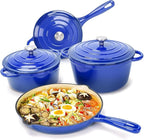 Hisencn Enameled Cast Iron Cookware Set - 7 Piece Dutch Ovens Set, Sauce Pan, Skillet, 3 Lids, Pots and Pans Set, Ceramic Coated Cast Iron, Heavy Duty, Gas/Induction Compatible, PFA Free