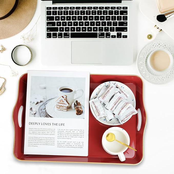 Spsyrine Large Red Decorative Tray, Elegant Plastic Serving Tray with Handles, Coffee Table Tray for Ottoman, Living Room, Home Decor 17.3"*11.8"*2"