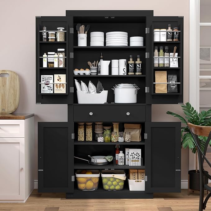 72” Kitchen Pantry Cabinet, with 6 Hanging Shelves & 1 Large Drawer, Adjustable Shelf, for Dinging Room, Living Room, Black