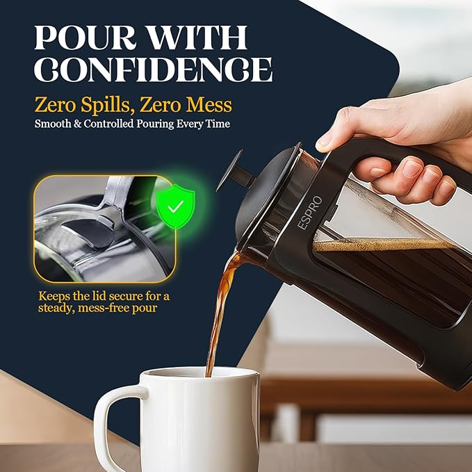 ESPRO P3 French Press Coffee Maker – Patented Double Micro-Filter for Grit-Free Brew, Heat Resistant thicker Borosilicate Glass Coffee press – (32 oz)