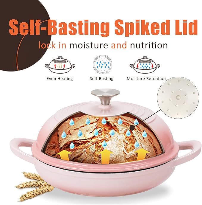 Enameled Round Cast Iron Bread Oven, 6 Qt Cast Iron Dutch Oven for Homemade Sourdough Bread Baking, Bread Dome Pot with Cloche Lid (Gradient Pink)