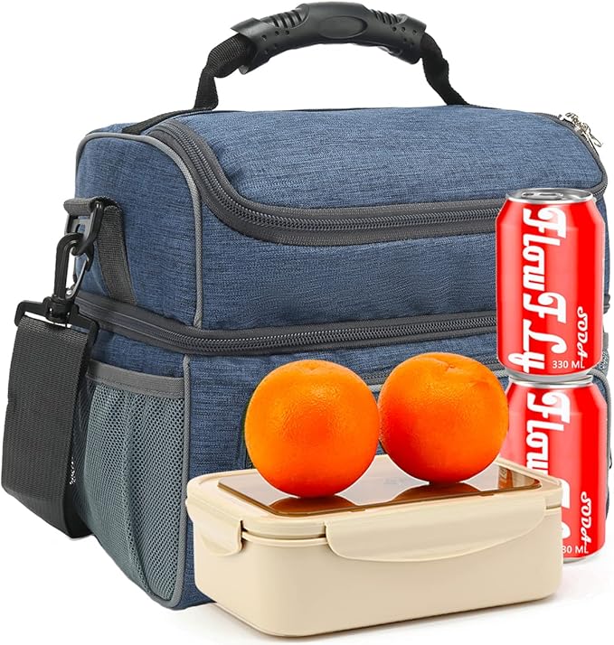 FlowFly Double Layer Cooler Insulated Lunch Bag Adult Lunch Box Large Tote Bag for Men, Women, With Adjustable Strap,Front Pocket and Dual Large Mesh Side Pockets