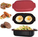 Microwave Egg Cooker with Lid, 3 In 1 Egg Fryer, Multi-Use Microwave Grill Pan, Quick Heat for Grilling and Browning Foods, Design No Electricity Dishwasher Safe for Office/Home (Red)