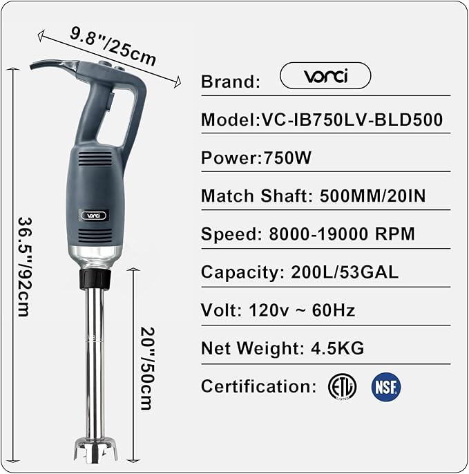 VONCI 750W Commercial Immersion Blender, Extra Heavy Duty Hand Blender with Variable Speed 8000-19000RPM, Handheld Stick Mixer with 20" SUS 304 Shaft, Commercial Emulsifier for Restaurant Kitchen.