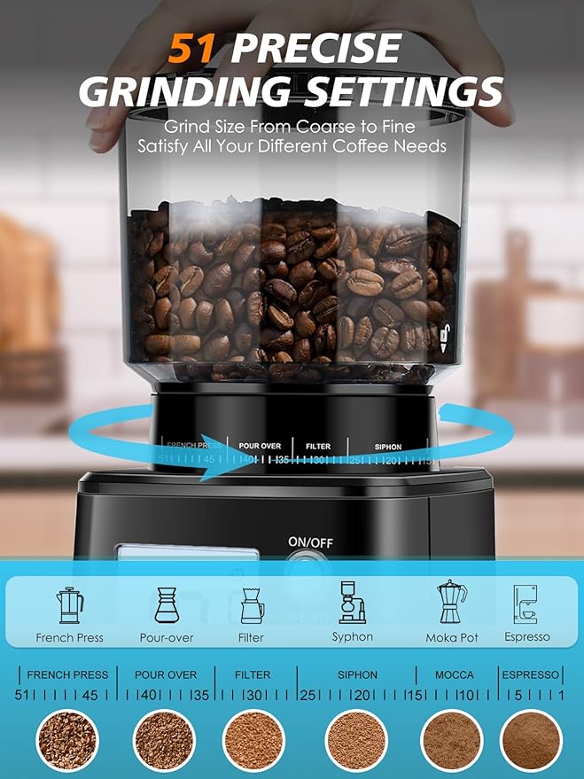 Homtone Conical Burr Espresso Coffee Grinder, Electric Coffee Grinder with 51 Precise Settings, 120V Espresso Grinder with Portafilter Holder, Adjustable for 2-12 Cups, Stainless Steel, Anti-static