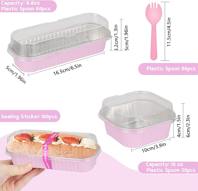 80 Pack Mini Loaf Pans Mini Cake Pans with Lids and Spoons Sealing Sticker, 6.8oz Rectangle Aluminum Foil Baking Pans Disposable Loaf Cake Pan for Baking (Pink, Mix Size)