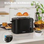 Compact Toaster 2 Slice with 1.5" Extra Wide Slots, Built-in Warming Rack & Removable Crumb Tray, 6 Browning Options, with Defrost/Bagel/Cancel Function - Matte Black