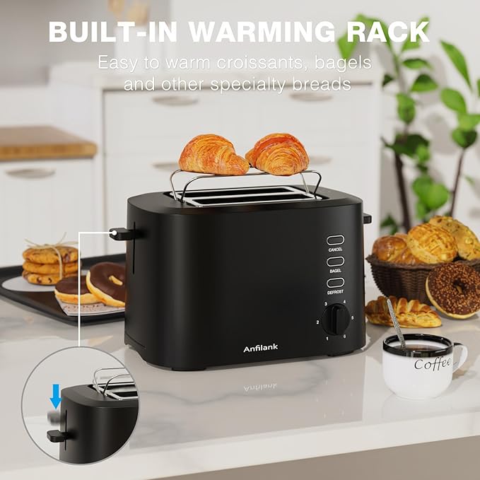 Compact Toaster 2 Slice with 1.5" Extra Wide Slots, Built-in Warming Rack & Removable Crumb Tray, 6 Browning Options, with Defrost/Bagel/Cancel Function - Matte Black