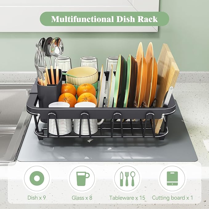 Expandable Dish Drying Rack Over The Sink, Adjustable Dish Rack in Sink, Rustproof Dish Drainer for Kitchen Counter, Dish Strainer with Utensil Holder, Standard Size