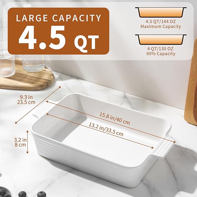 Jassceram Casserole Dishes for Oven, 9x13 Large Porcelain Baking Dish, 4.5-Quart Deep Rectangular Baking Pan with Handles for Lasagna, Roasting, Oven and Dishwasher Safe, Great Kitchen Gift, White