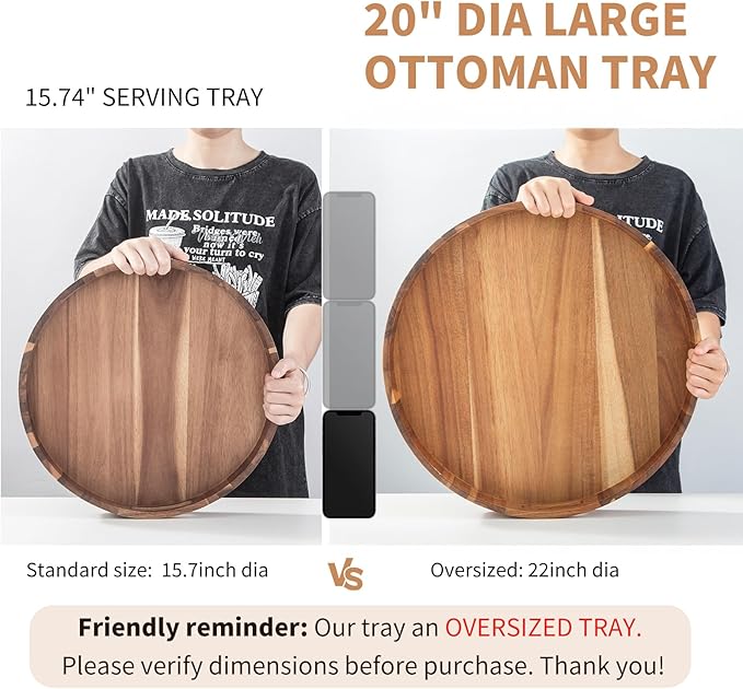 Extra Large Round Serving Tray, 20INCH, Heavy Duty Acacia Wood Trays for Big Ottoman Coffee Table Counter Giant Decorative Organizer Tray, Huge Kitchen Serveware Cheese Board Charcuterie Tray