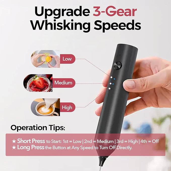 YARRAMATE Electric Milk Frother Wand with Stainless Steel Whisk and Stand, Fast Rechargeable Coffee Mixer with 3 Speeds, Handheld Drink Stirrer, Whisk Foam Maker for Lattes, Cappuccino, Matcha (Black)