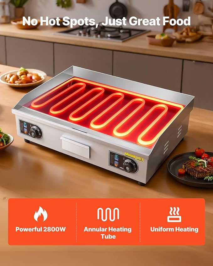 VEVOR Commercial Electric Griddle, 25.79 x 15.75 inch, 2800W, 122-570°F Adjustable Temp Control, Stainless Steel Body, Full Flat, with 2 Spatulas, 2 Brushes, and 4 Foot Pads, for Steak, Pancake