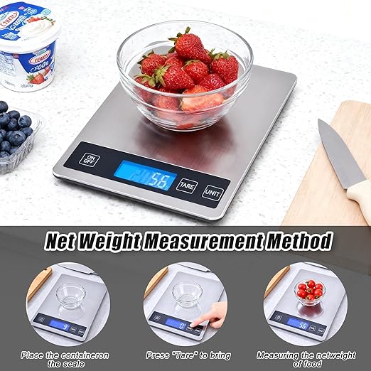 Food Kitchen Scale, 33lb Digital Food Scale Precisely Measures Grams and Ounces for Baking and Cooking, Rechargeable 304 Stainless Steel Kitchen Scale for Food with LCD Display, Batteries Included