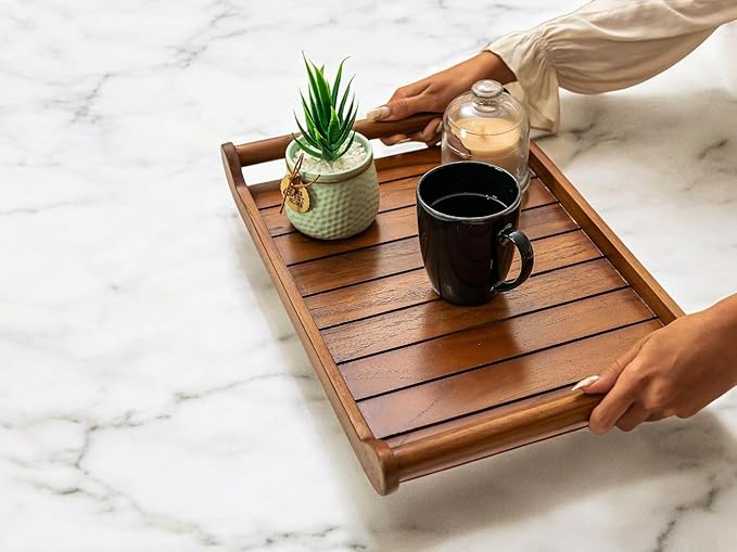 Large Teak Wood Serving Tray for Home, Kitchen, Breakfast, Restaurant, Office Organizer, Dining Table | Premium wooden Trays |15*10*2.25 Inches | Handmade in India