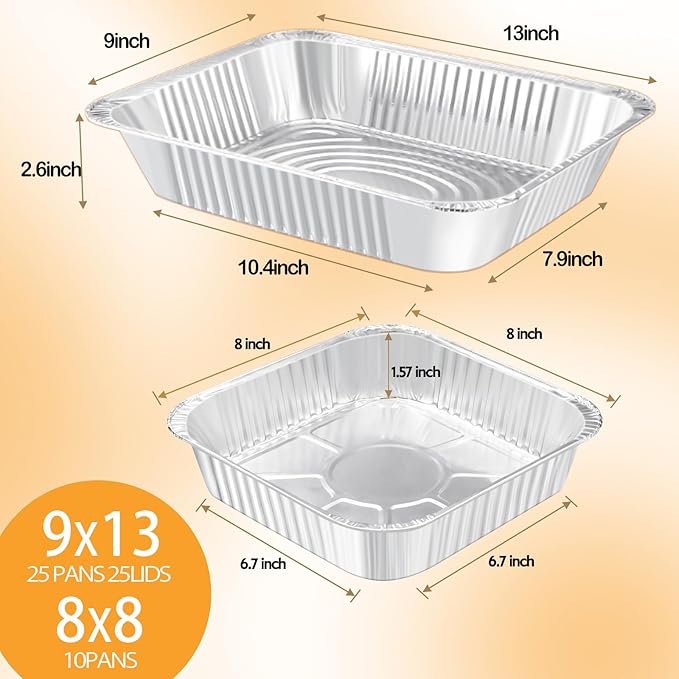 35 Pack 9×13 Disposable Aluminum Pans with Lids(25pc) & 8×8 Aluminum Foil Pans(10pc),Tin Foil Pans Kit Comes with Baking Parchment and Oil Sprayer.