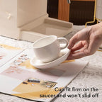 Sweejar Porcelain Espresso Cups with Saucers, 4 Ounce Stackable Cappuccino Cups with Metal Stand for Coffee Drinks, Latte, Tea - Set of 4 (White Gold Stand)