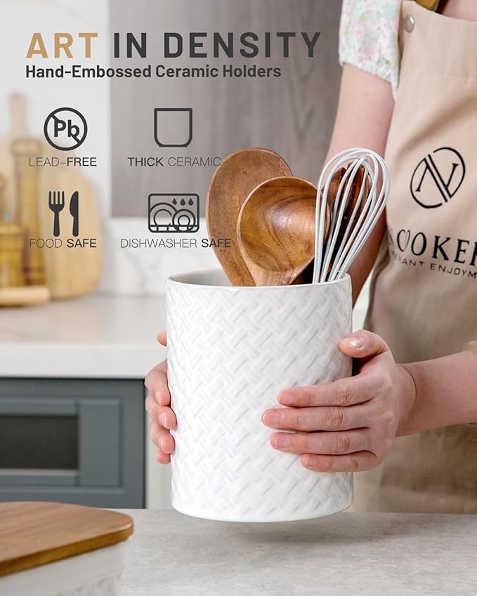 Nucookery 6.4'' Utensil Holder - Ceramic Utensil Holder for Kitchen Counter, Large Capacity Countertop Storage, Farmhouse Style Utensil Crock Organizer for Spoons, Spatulas & Cooking Tools