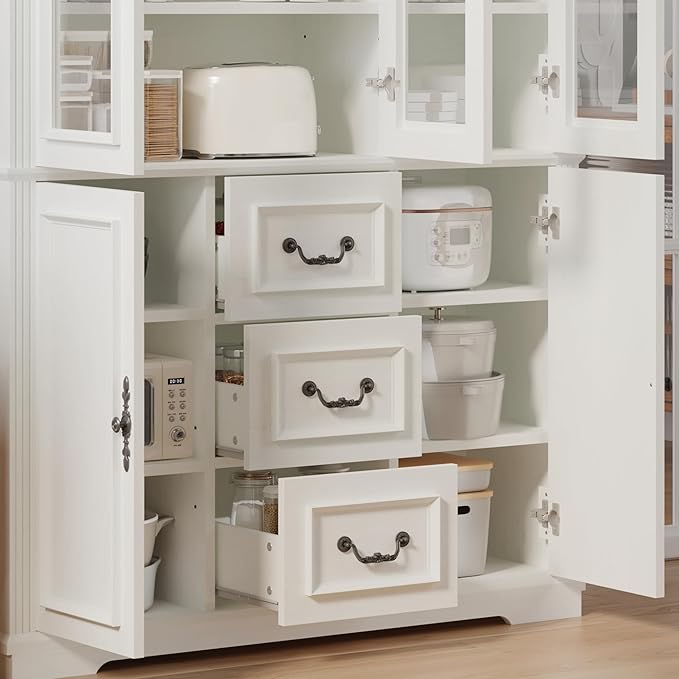 YITAHOME 71" H x 47" W Kitchen Pantry with 3 Drawers, Large Storage Cabinet with 3 Glass Doors & Adjustable Shelves, Freestanding Tall Display China Cabinet for Living & Dining Room, White