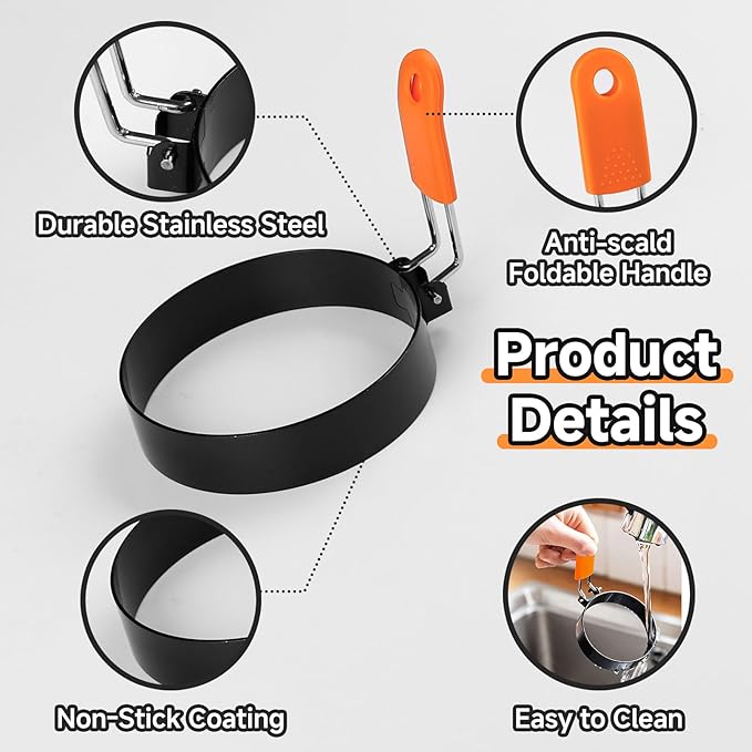 4 Pack Egg Ring Compatible with Blackstone Griddle, 3.5" Egg Rings with Silicone Handle, Round Nonstick Metal Eggs Molds for Frying Eggs, Portable Grill Accessories for Breakfast Omelette Sandwich