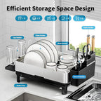 Dish Drying Rack, 304 Stainless Steel Dish Racks for Kitchen Counter, Dish Drainers with Automatic Drainage, Utensil Holder & Cups Holder, Space Saving Kitchen Organizer, Black