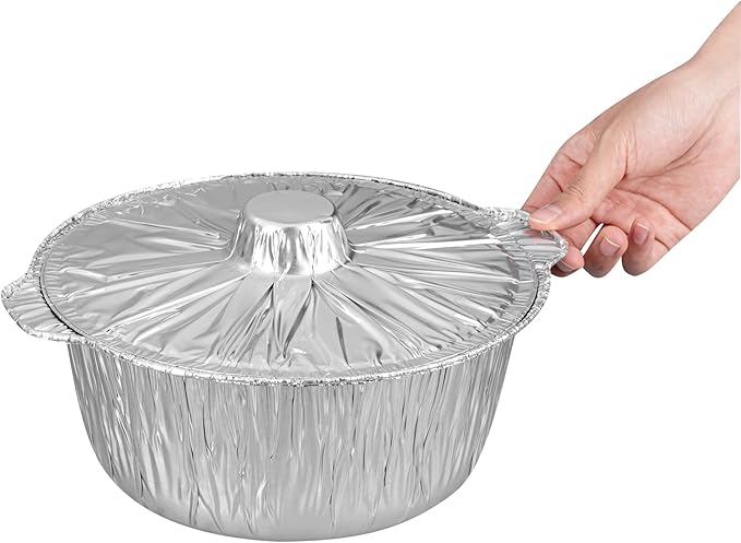 Foil Lux 3.5 Quart Pans And Lids, 10 Disposable Pots With Lids - Oven-Ready, Stove Compatible, Aluminum Foil Baking Pans, Freezable, For Outdoor Camping, Vacation, Picnic, And More - Restaurantware