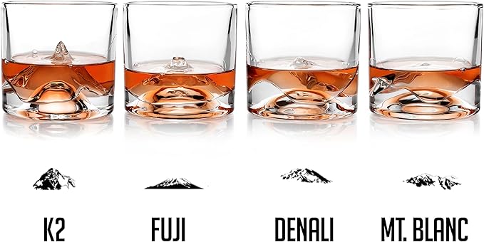 LIITON The Peaks Heavy Crystal Whiskey Glasses Gift Set of 4, Thick Freezable Bourbon Glass 1lb Each, Premium Whiskey Gifts for Men, Frozen Crystal Chills Cocktails, 10 oz