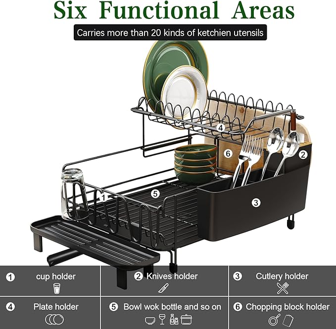 Runnatal Large Dish Drying Rack with Drainboard Set, Stainless Steel Detachable 2-in-1 Large-Capacity 2-Tier Over The Sink Anti-Rust Dish Rack and Dish Drainer for Kitchen Counter
