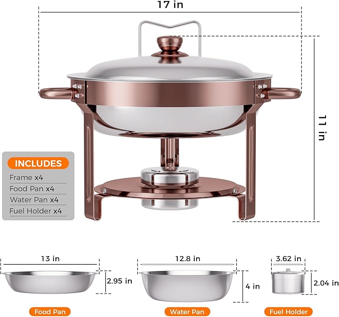 Rose Gold 4 Pack Chafing Dishes for Buffet, 18/8 (304) Stainless Steel Food Pan with Lid, 6QT Round Chafing Dish Buffet Set Food Warmer, Food Warmers for Parties Buffet Catering Events Dinners
