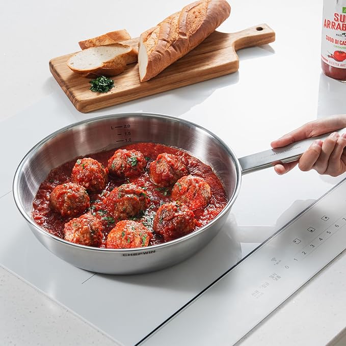 10.2-Inch 316 Stainless Steel Frying Pan, 5-Ply Saute pan, Deep Skillet, Induction Cookware, Dishwasher Safe & Oven Safe, Professional Cookware